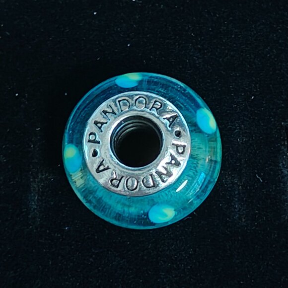 Authentic Pandora Retired Teal Murano Polka Dot Charm 790605 Glass - Picture 6 of 7